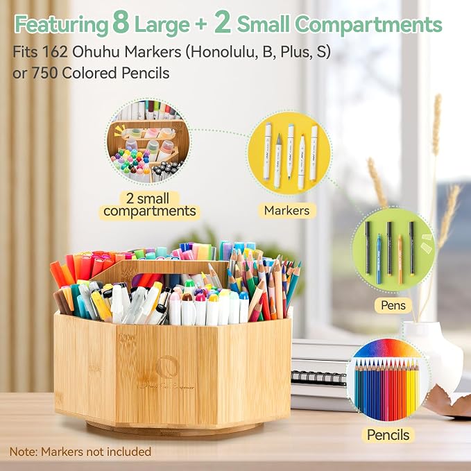 Ohuhu 360° Rotating Marker Organizer Holds 162 Honolulu & B Oahu Markers | 360-Degree Rotating Bamboo Desktop Storage Markers Pens Pencil Holder with 10 Compartments for Home Classroom Office Decor - Image 4