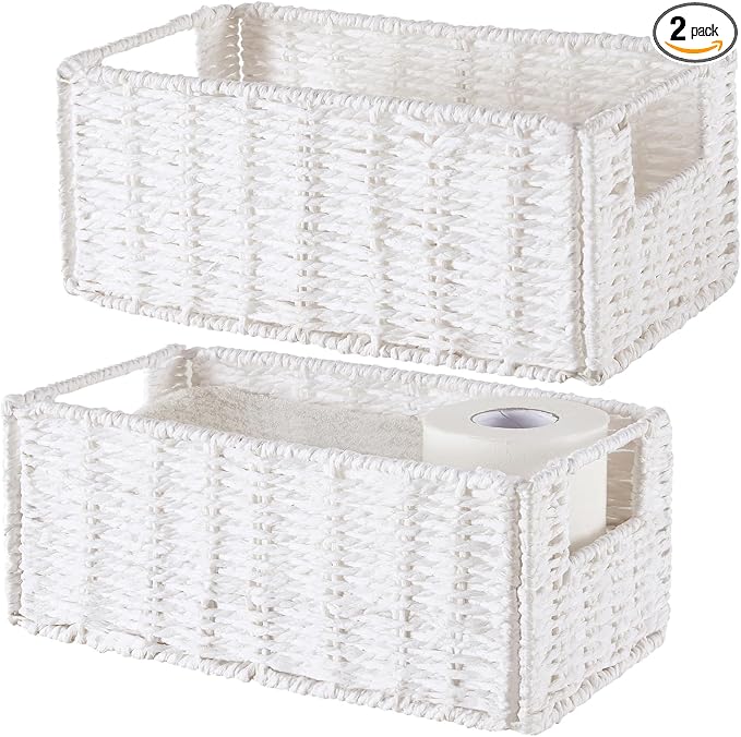 Wicker Storage Basket, Set of 2 Hand-Woven Paper Rope Wicker Basket, Small Storage Baskets for Organizing Toilet Paper Basket, Foldable Large Cube Storage Organizer Bins for Shelves (White) by Vagusicc