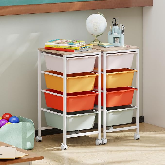 Rolling Storage Cart with 4 Drawers, Plastic Craft Organizer on Wheels with Wooden Top, Mobile Art Supply Utility Cart for Classroom, Home, Office - Image 2