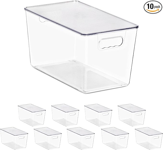 Clear Storage Bins with Lids, 10 Pack X-Large Stackable Clear Bins, Clear Storage Containers with Lids, Plastic Organizer Boxes for Pantry Storage, Kitchen Cabinets, Closet Organization, Bathroom by Sorbus