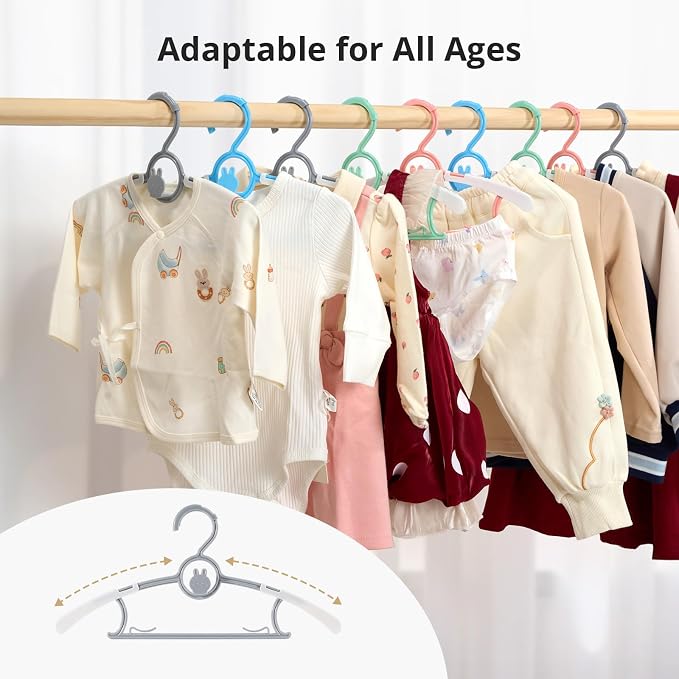 60PCS Baby Hangers, Extendable & Stackable Kid Clothes Hangers, Mix-Colors 11~14Inch for Baby Toddler Children Kids Teen, Non-Slip Plastic - Image 7