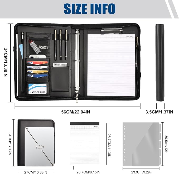Portfolio Binder 3 Ring Includes Pen and 5 Dividers with 10 Pockets, Padfolio Organizer with Zipper for Men and Women, Includes A4 Notepad for Business, School, Work - Image 2