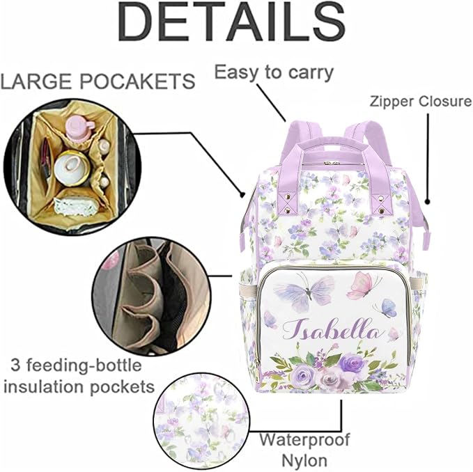 Personalized Diaper Bag Customized Floral Purple Butterfly Waterproof Nursing Bags Custom Mommy Daypack with Name for Travel Outside Daily Use - Image 5