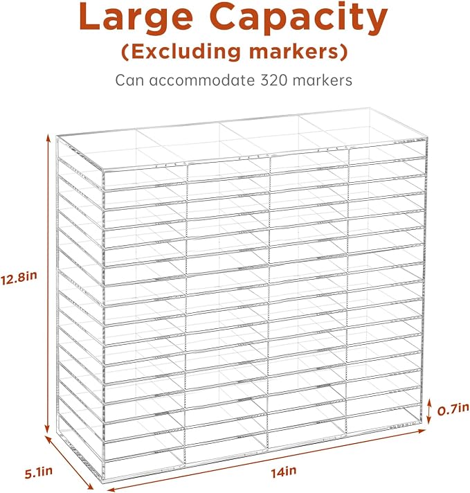 BEYGORM Horizontal Marker Organizer for 320 Markers, Acrylic Large Shelf | Desktop Storage Rack for Paint Pens, Ideal for Art Studio, Office & Drawing Supplies Organization - Image 2