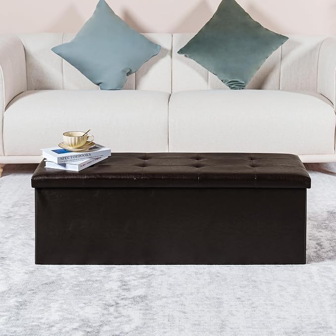 PINPLUS Folding Storage Ottoman Bench, Brown Faux Leather Long Storage Chest Footstool Seat, Bench for Bedroom and Hallway, 43.3"x15.7"x15.7" - Image 7
