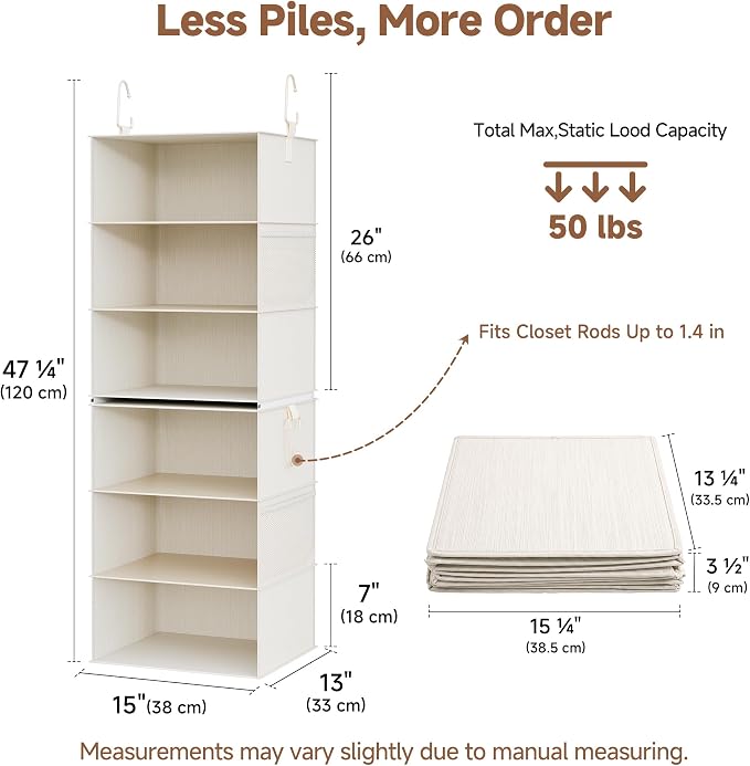 StorageWorks 6-Shelf Jumbo Closet Organizers, Two 3-Shelf Separable Hanging Shelves for Closet, 13 "D x 15" W x 47 ¼" H,Mixing of Beige, White & Ivory - Image 2