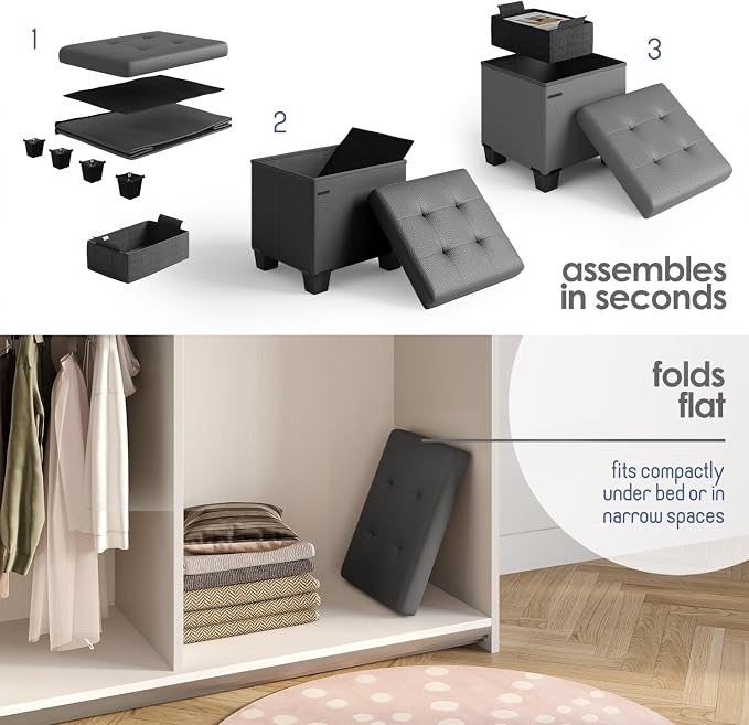 Storage Ottoman Cube with Small Bin, 15-in Square Ottoman with Storage for Living Room and Bedroom, Small Ottomans Foot Rest, Faux Leather Foot Stools Ottomans Max 330lbs, Grey - Image 3
