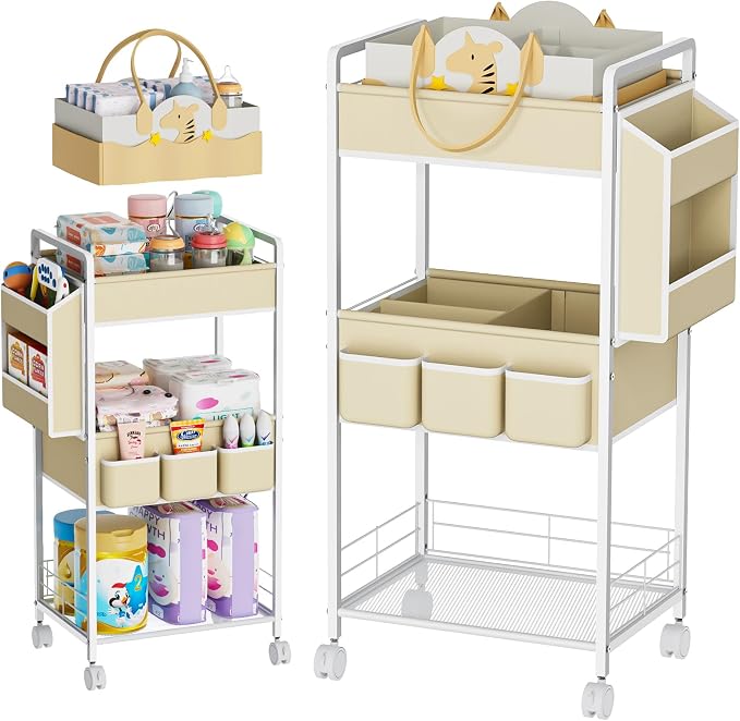 JBBTOOL 2In1 Baby Diaper Caddy & 3-Tier Rolling Diaper Cart, Diaper Caddy Organizer with Dividers & Pockets, Mobile Metal Utility Cart for Baby Essentials, Bedroom, Kitchen & Office by JBBTOOL