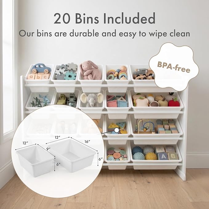 Humble Crew Kids Toy Organizer with 20 Bins, 4 Tier Storage for Playroom | Sturdy wood and steel toddler shelf, removable BPA-free containers, wall anchor anti-tip safety kit for bedroom or classroom - Image 3