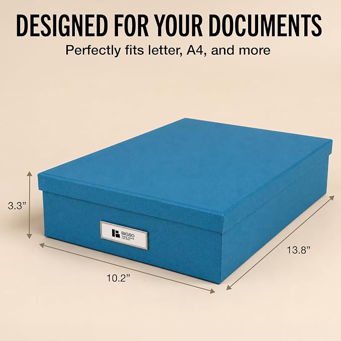 Bigso Oskar Fiberboard Label Frame Document Letter Box - File Organizer Box for Important Paperwork - Document Storage with a Lid & Label Window - 3.3 in x 10.2 in x 13.8 in - 3 Pack - Turquoise - Image 4