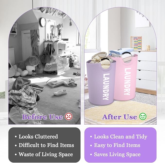 2Pack 125L Extra Large Laundry Baskets, Collapsible Laundry Hamper with Soft Handles, Dirty Clothes Basket in 600D Oxford Fabric, Sturdy Clothes Hampers for Travel, Family, Purple + Pink - Image 5