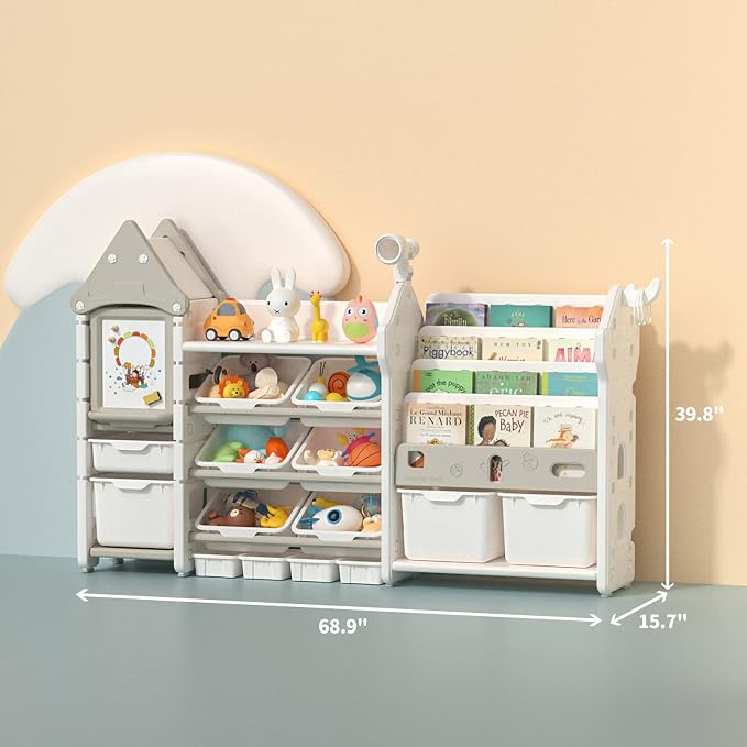 UNICOO® Magic Castle Kids Toy Storage & Bookshelf Organizer with 14 Easy-Pull Bins, Durable HDPE Material, Multifunctional Play Collection with Painting Board & Telescope, Children's Bookcase (White) - Image 2