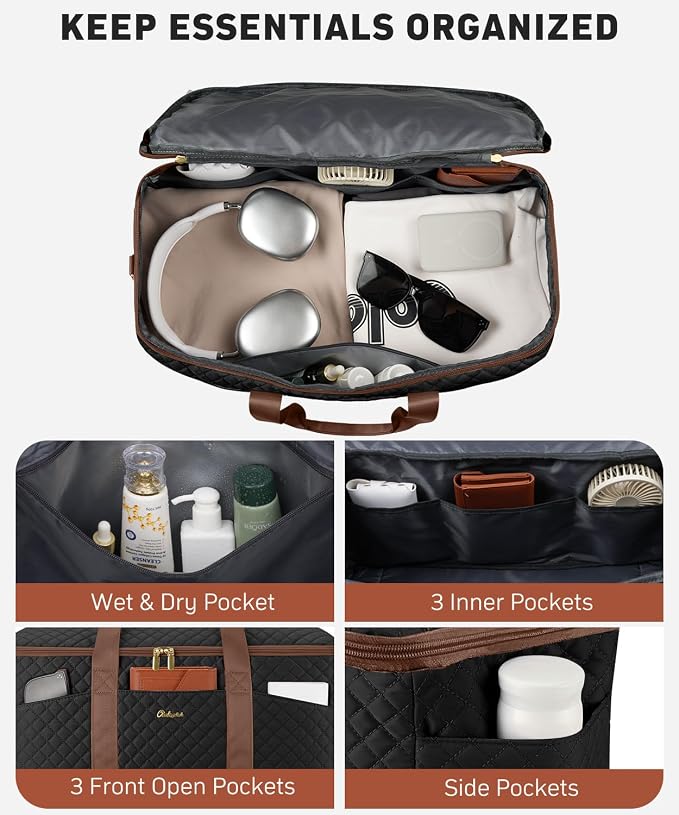 Duffle Bag for Travel, 40L Weekender Bag with Shoe Compartment, Carry On Overnight Bag for Women with Toiletry Bag Duffel Bags with Wet Pocket for Gym Hospital Bags for Labor and Delivery Black Brown - Image 2
