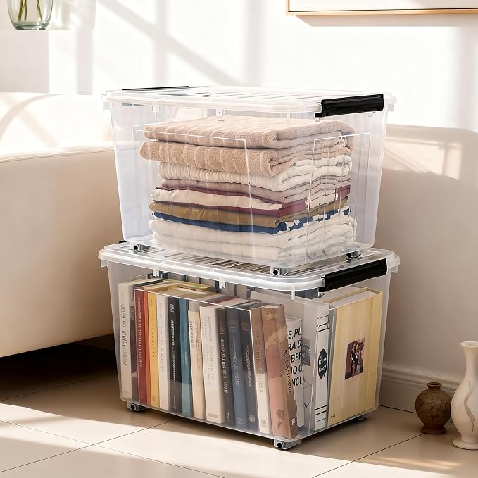 Citylife 82 Quart Large Clear Plastic Storage Bins with Lids 2-Pack | Stackable, Secure latching lids, Easy Find, Clothes Storage Bins for Closet Bedroom Garage - Image 6