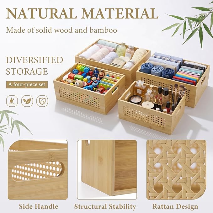 Rattan Wooden Box Set of 4 Handmade Decorative Storage Basket with Handles | Natural Bamboo Woven Storage Basket Rustic Farmhouse Decor Home Office Tabletop Shelf Drawer Closet Desk Organizer, Natural - Image 3