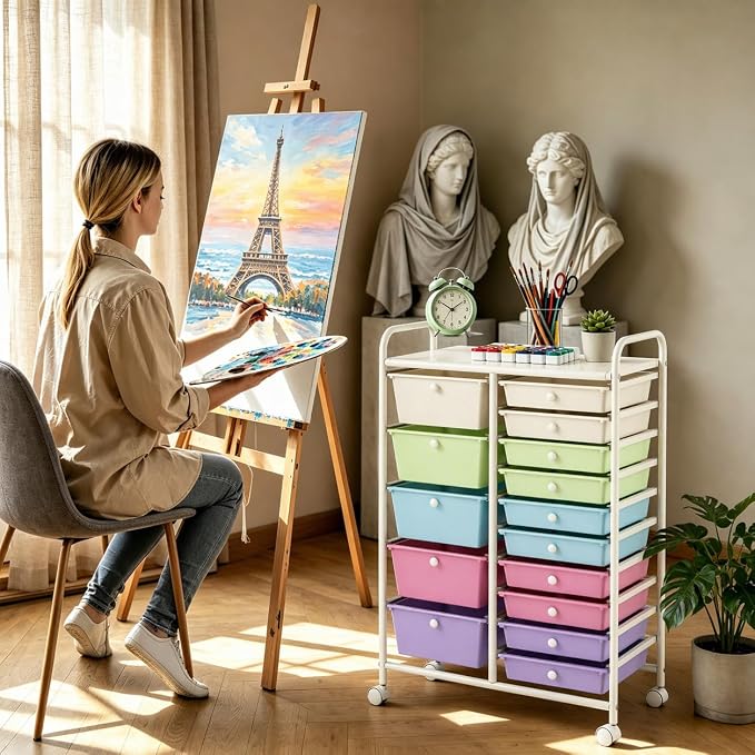 RELAX4LIFE 15 Drawer Rolling Storage Cart, Classroom Organization for School Teacher Office, Mobile Craft Art Supply Organizer, Utility Carts on Wheels for Paper Tools Scrapbook (Ice Cream Multicolor) - Image 2