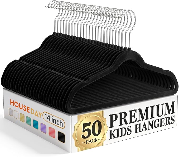 HOUSE DAY 14 Inch Kids Velvet Hangers 50 Pack, Durable Big Kid Hanger Black | Children Hangers for Youth, Teen, Non Slip Kids Felt Hanger, Cute Small Hanger for Closet, Ideal for Everyday Use by HOUSEDAY