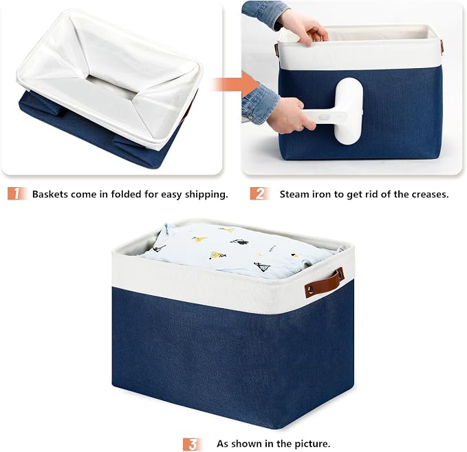 DULLEMELO Large Storage Baskets with Leather Handles for Linen Closet and Home Office, Decorative Baskets for Toys Storage (White & Blue) - Image 7