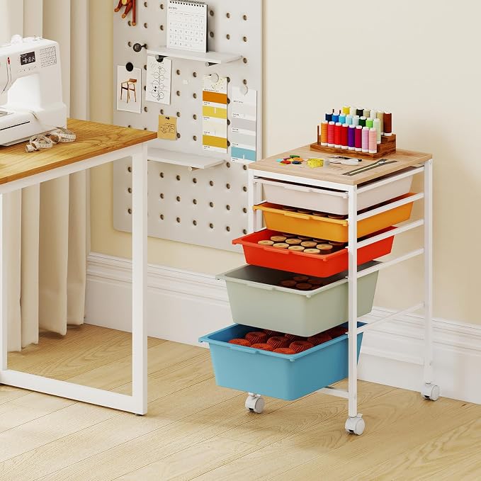 GOFLAME 5-Drawer Rolling Storage Cart, Craft Storage Cart with Wooden Tabletop and Lockable Wheels, Art Cart Supply Storage Organizer with Metal Frame for Home Office Classroom, Macaron Color - Image 2