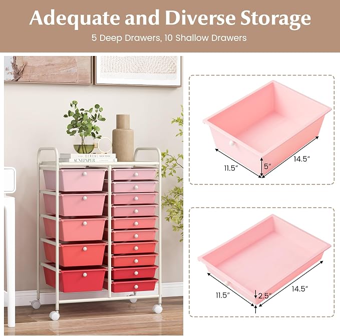 RELAX4LIFE 15-Drawer Storage Drawer Carts - Mobile Rolling Utility Cart w/Wheels, Craft Organizer for Classroom Organization and Storage, School, Office, Home, Storage Organizer Cart (Gradient Pink) - Image 4