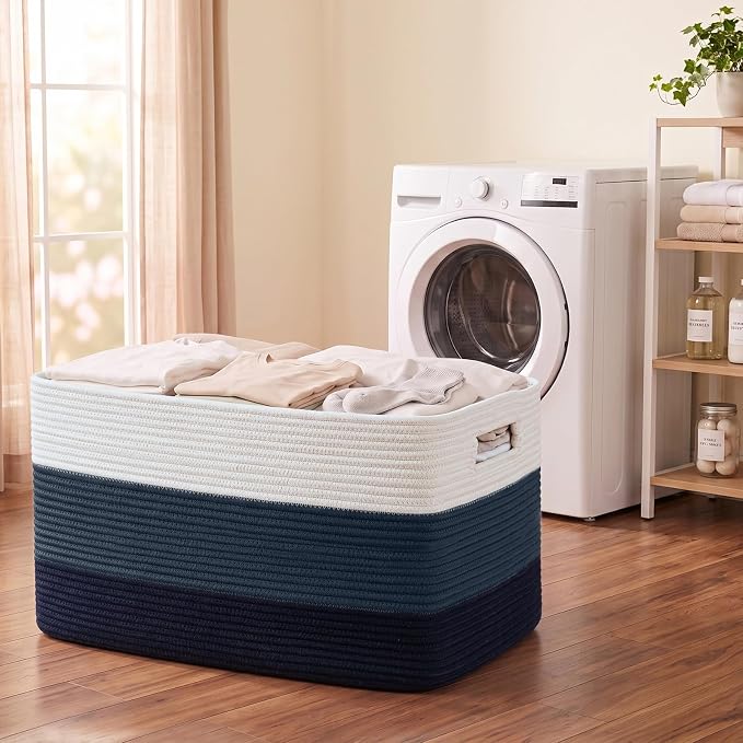 OIAHOMY 108L Extra Large Blanket Basket Dog Toy Basket Gradient Blue | Rectangle Woven Baskets for Storage Cotton Rope Basket For Living Room Toy Storage Blanket Storage Laundry Basket - Image 6