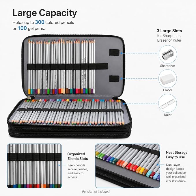 300 Slots Colored Pencil Case Organizer, 4 Layer Bag | Twill Oxford fabric,103 elastic loops,detachable handle,for travel,home storage,drawing tools,creative gifts - Image 3