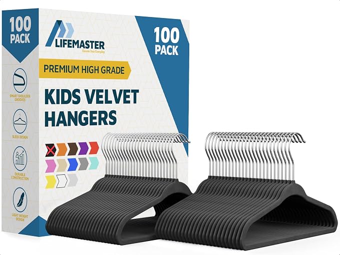 Black Velvet Kids Hangers 100 Pack, 10.83" Non-Slip Baby & Toddler Hangers for Clothes, Space-Saving Slim ABS Plastic with 360° Swivel Hook & Notched Shoulders, Up to 10 lb Capacity by LIFEMASTER