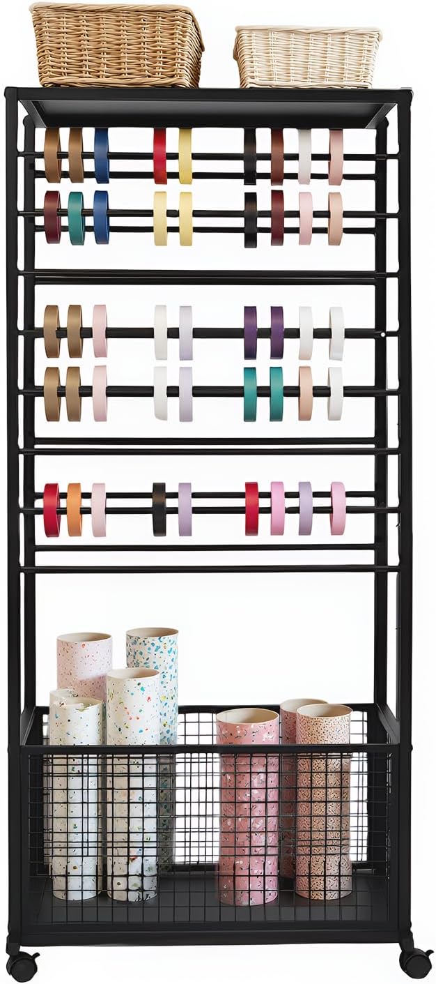 Ribbon Holder Organizer Rack, Double-Sided 16-Layer Ribbon Shelf with Wheel | Ribbon Display Rack, Multifunctional Metal Flower Wrapping Paper Storage Stand for Craft Room Flower Shop, Black by LifeFirstChoice-Blisiour