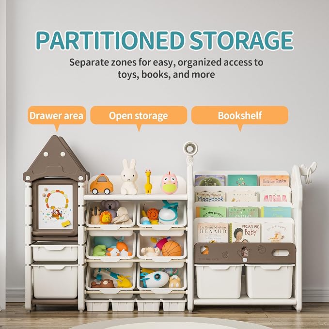 Kids Toy Storage Organizer with Bookshelf, 14-Bin Playroom Organizer and Bookcase, HDPE Toddler Storage Shelf with Drawing Board, for Nursery, Bedroom and Playroom (Brown) - Image 5