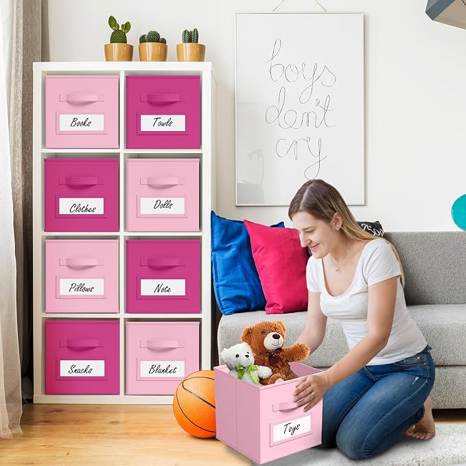 Teenyyou 10 Pack Fabric Storage Cubes 11 Inch Collapsible Cube Bins with Label Window & Handle Foldable Organizers Baskets for Shelf Closet Nursery Kids Room Clothes Book Toy(Pink, Rose Red) - Image 6