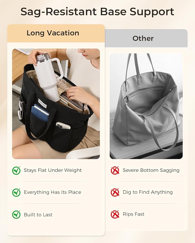 LONG VACATION Corduroy Tote Bag for Women, 16 Pockets Large Work Laptop Bag | 15.6" Laptop Compartment, 40oz Cup Holder, Lightweight, Washable, Teacher Nurse Bag for Office School Travel Gym College - Image 6
