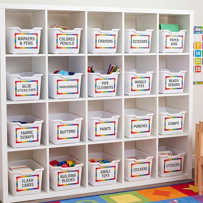 Funrous 72 Pack Plastic Cubby Bins for Classroom, Stackable Storage Bins with Rainbow Labels and Handles Cubby Organizer Containers for Teacher Supplies Home Office Daycare and Playroom (White) - Image 7