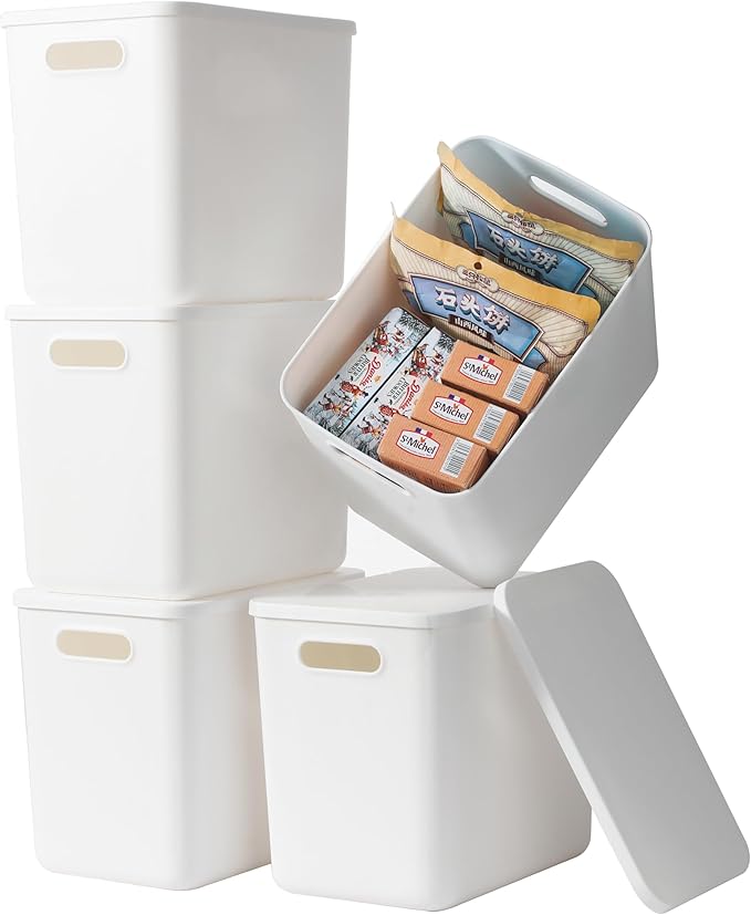 5 pack large plastic White storage bins with Lids, Toy Box Chest with Handle，Organizer Containers Baskets for Baby,Nursery，Shelves，Playroom, Bedroom，Office,Closet，home (White, 5L) by Gaoaodeyu