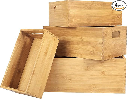 ANMINY Bamboo Storage Bins, Nesting 4PCS, Sturdy Mortise-Tenon Joint | Natural Bamboo Wood Boxes, Built-in Handles, Nestable for Space Saving, Sturdy Corner Joints, Decorative, for Pantry Shelf by ANMINY