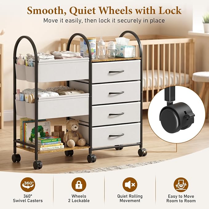 Baby Diaper Caddy Organizer Cart with Wheels, 4-Tier Rolling Diaper Cart with Dividers and Drawers, Multi-Layer Nursery Storage for Diapers & Baby Essentials - Image 7