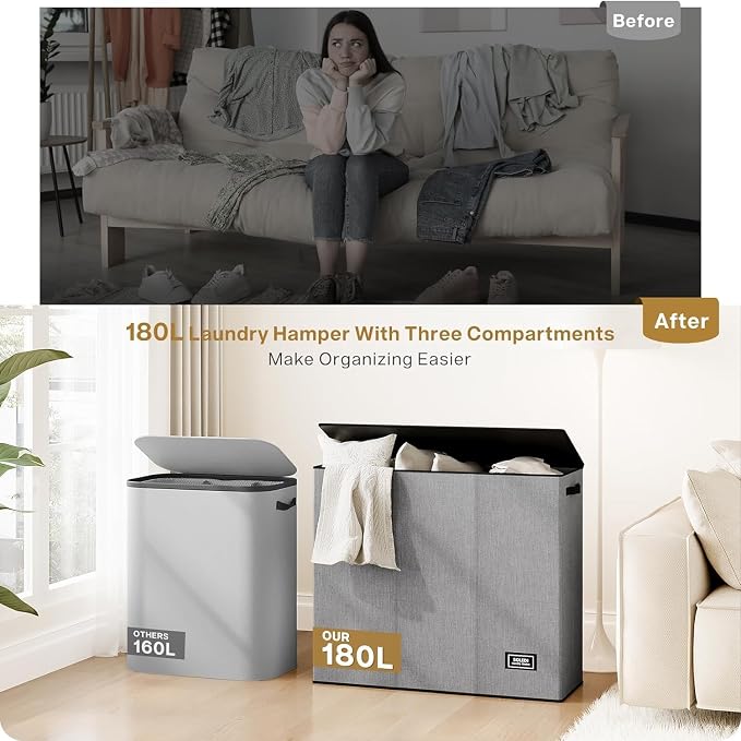 SOLEDI Large Laundry hamper 3 Section with Laundry Bag, XL Clothes Basket | 3-Section Large capacity Laundry Sorter with Odor-Blocking Lid, Robust Iron Frame & Waterproof 600D Fabric, 3 Washable Bags - Image 8