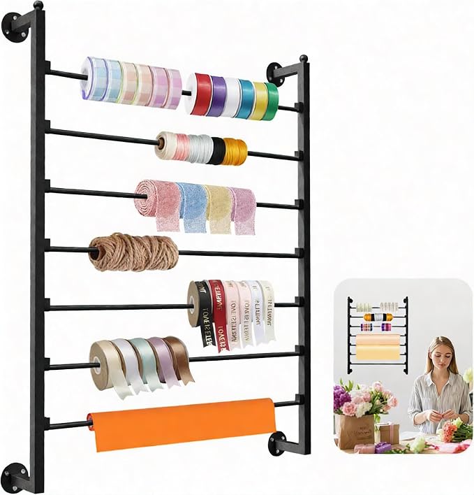 7-Tier Wall Mount Ribbon Holder Organizer Rack | Large Capacity Metal Ribbon Storage for Craft Room, Wrapping Paper, Scarf, Belt & Flower Shop Display by Unknown