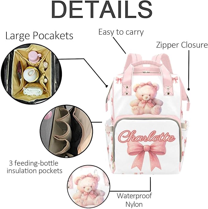 Personalized Cute Bear with Bow Diaper Bag Backpack with Custom Name – Waterproof Multi-Pocket Baby Nappy Bag for Moms and Dads – Large Capacity Travel Backpack & Shower Gift for Baby - Image 5