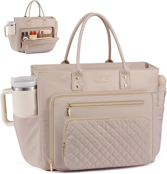 LOVEVOOK Teacher Tote Bag for Women Work, Laptop Bag With Large Cup Holder, Nurse Bags Professional Briefcase Business Computer Purses Handbag,Light Pink,17.3 Inch by LOVEVOOK
