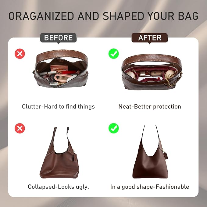 Brooklyn 28 Bag Insert, Purse Organizer Insert for Coach, Nylon Merlot | Waterproof Nylon For Coach Brooklyn Shoulder Bag 28, Lightweight, 5 Compartments Zipper Pocket, Elastic Holders - Image 6