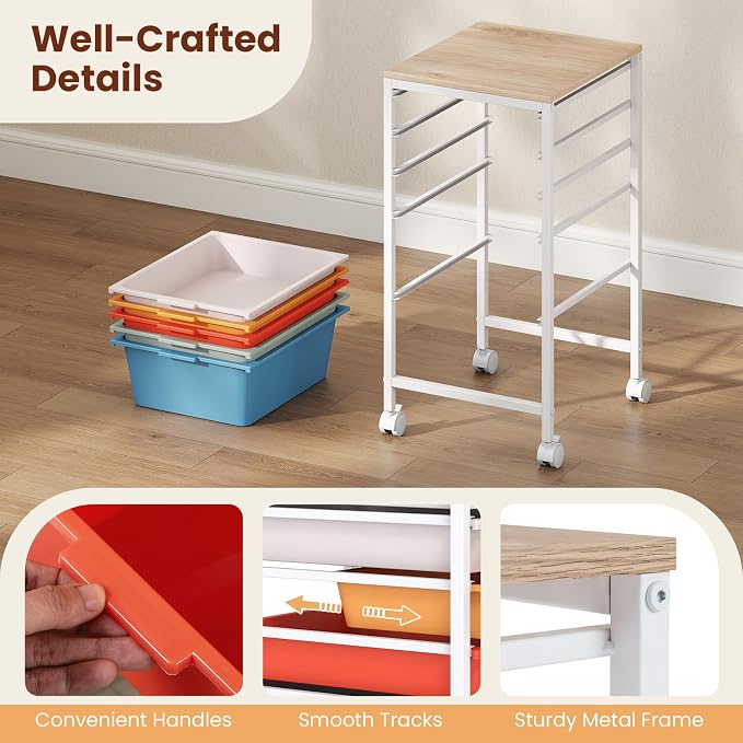 Giantex Rolling Storage Cart with 5 Drawers, Utility Cart w/Wooden Tabletop, Lockable Wheels, Multipurpose Organizer for Art Craft Books Paper, Drawer Carts for Dorm Classroom Office, Macaron - Image 8