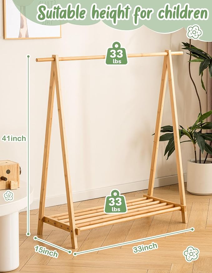 Kids Clothing Rack with Storage Shelf, Kids Dress Up Rack, Dance Costume Garment Rack for Hanging Clothes,Garment Rack for Hanging Clothes Organizer, Bamboo (Natural) - Image 5