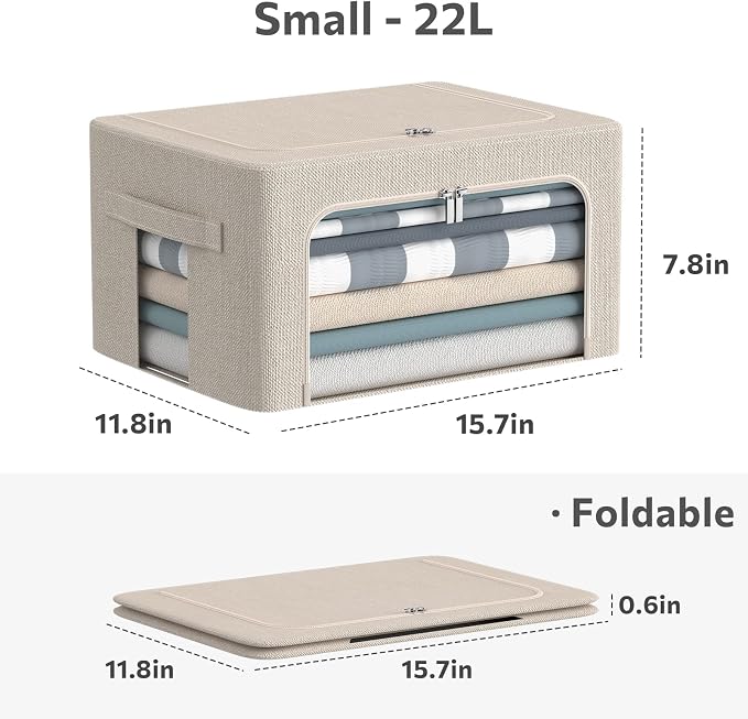 CYhom 3Pack Foldable Storage Bins - Frame Storage Box Linen Fabric Stackable Clothes Container Organizer with Clear Window & Carry Handles Large Capacity (Small-22L, Beige) - Image 7