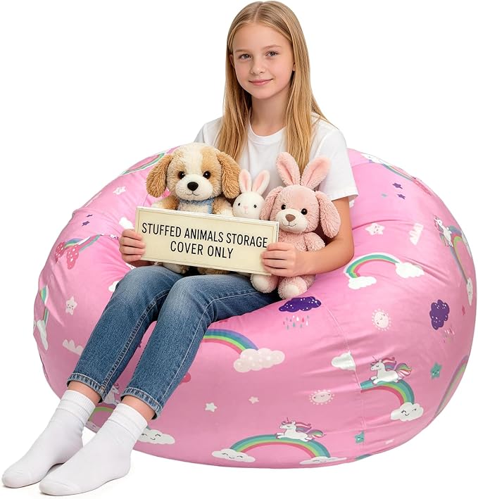 Lukeight Unicorns Stuffed Animal Storage Bean Bag Chair Cover for Teens, Velvet Plush Toy Organizer Seat, Cover Only, No Filling Included, Long YKK Zipper, Side Pocket, XX-Large 36"D x 20"H by Lukeight