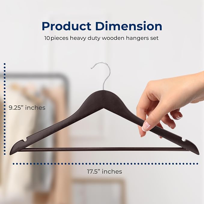 SereneLife Brown Wooden Hangers 10 Pack, Solid Wood Hanger with Non Slip Pant Bar, Heavy Duty Wooden Hanger for Closet, Smooth Finish Wood with 360 Degree Hook, for Shirts, Suits, Jackets, Dress - Image 2