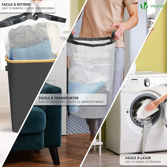 VOUNOT Foldable Laundry Basket 100L with Lid Handles, Collapsible Linen Basket with Inner Laundry Bags Freestanding Laundry Hamper Bin for Bedroom, Bathroom, Gray - Image 3