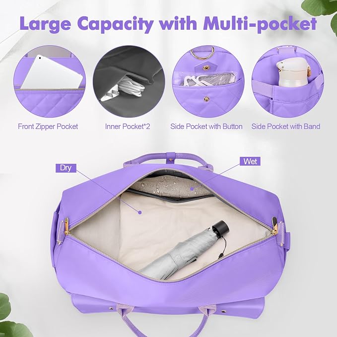 Weekender Bags for Women, Large Travel Duffel Bag with Shoe Compartment, Carry on Overnight Bag with Toiletry Makeup Bag, Gym Duffel Bag for Travel Gym Camping Hospital, Purple - Image 3
