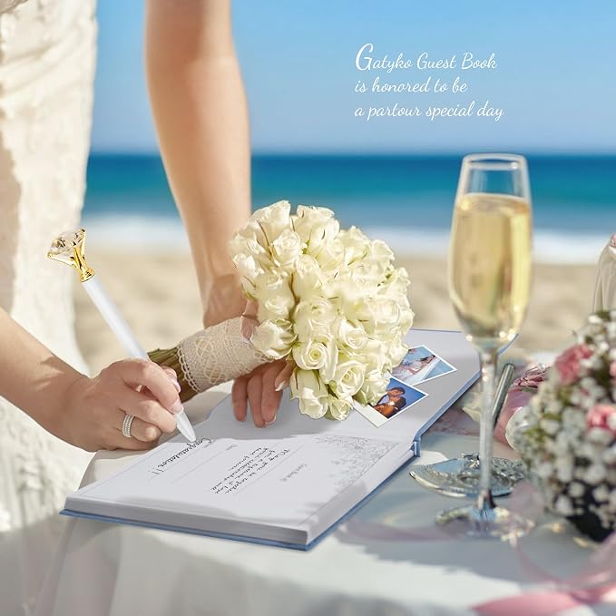 Embroidered Wedding Guest Book—The Perfect Polaroid Guest Book for Wedding Receptions, Birthdays, Baby Showers, and Special Events with 3 Photo Corner Stickers+ 3 DIY pens+1 Diamond Pen (Blue) - Image 4