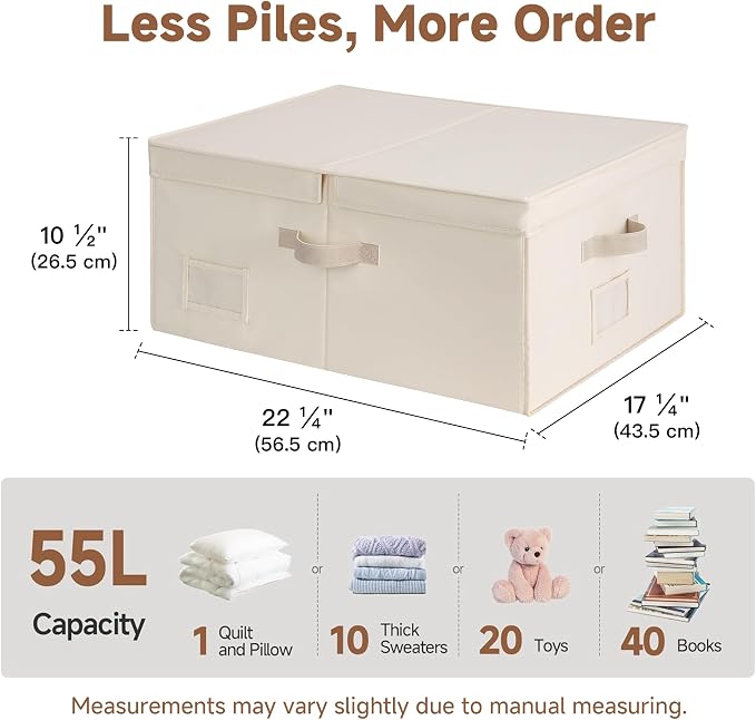 StorageWorks 55L Extra Large Fabric Storage Bins with Lid, Foldable Closet Organizer Boxes with Label and Handles, Decorative Storage Baskets for Clothing and Blankets, Cream White, 2-Pack - Image 6