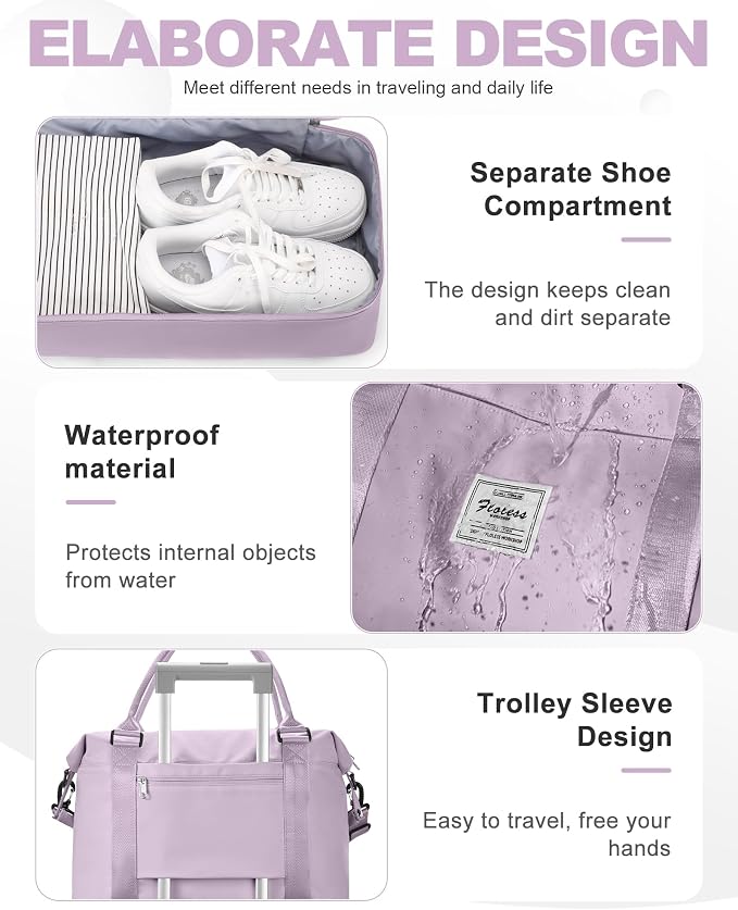 Travel Duffel Weekender Bag Women Tote Carry On Bags With Shoe Compartment | 18x14x8 inches Travel Overnight Bags with Trolley Sleeve for Airplanes Sport Tote Gym for Men Lightweight Daypack Purple - Image 5